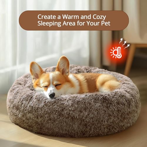Image of JOLLYVOGUE Calming Dog Bed Medium Size Dog, Anti-Anxiety Donut Medium Pet Bed, 27 inches Fluffy Faux Fur Round Cat Bed (Smoke Brown)
