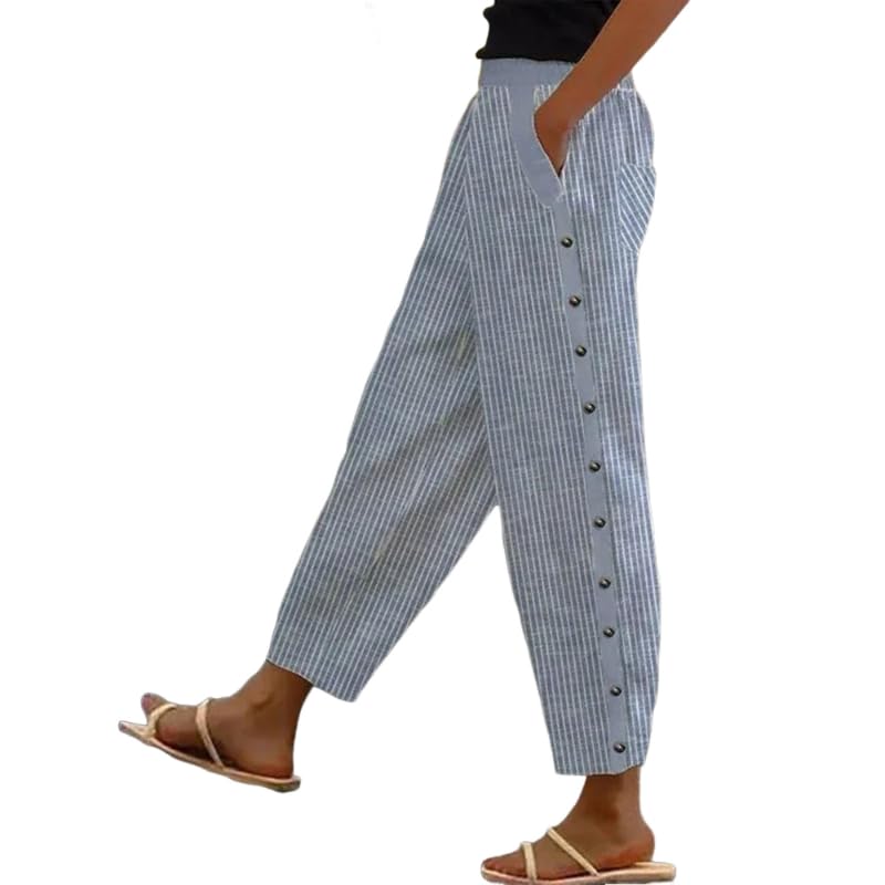 Women's Chic Blue Stripes Print Casual Pants Wide-Leg with Side Pockets Trousers Spring and Summer Loose Outfits