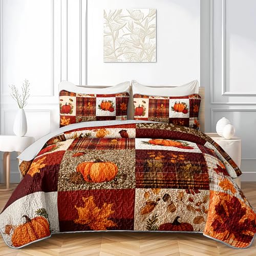 HOSIMA King Bedding Set,Pumpkin Print Burnt Orange Quilt for Women