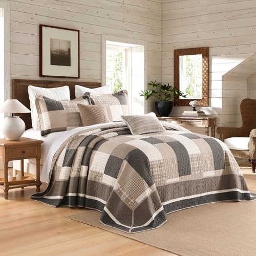 Image of EWlinens 100% Cotton 120 inchx102 inch Oversized Queen Bedspread - Reversible Patchwork Plaid Extra Large Quilt Bedding Set, Queen Bedspreads Coverlet Set, Lightweight Cozy Luxurious Quilts, 3pcs, Brown /Beige