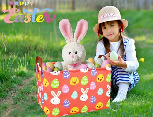 Image of Rectangle Empty Easter Baskets Boy Large Toy Storage Bin Girls collapsible Hamper Waterproof Canvas Box Kid Gifts Spring Decor( Yellow Chicken Rabbit Egg )