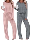 Ekouaer Womens Pajama Pants Set Soft Knit Sleepwear Casual Long Sleeve Pjs 2 Piece Long Sleepwear Set,X-Large
