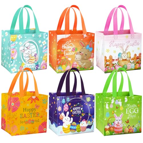 DECHISY 6 Stück Ostergeschenktüten, Vliesstoff-Ostertaschen für Kinder, fröhliche Eiersuche-Taschen mit Griffen, 21 x 15 x 20 cm, kleine Ostergeschenktüten für Osternparty