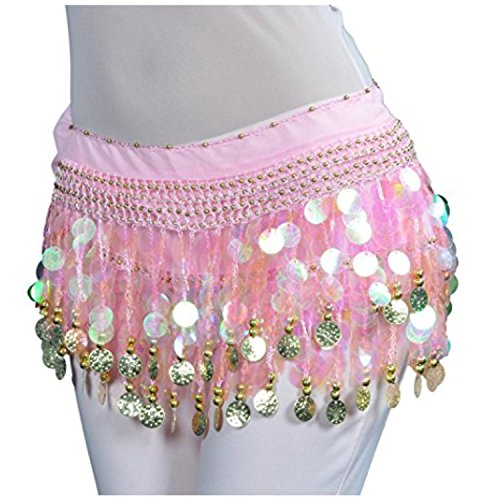 Image of VRITRAZ Women's Chiffon Belly Dance Hip Scarf Waistband Belt Skirt Mixed Colors Beads and Golded Coins 56 Black