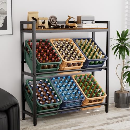 Getränkekistenregal 6 Kisten mit Ablage,33D x 104W x 115H cm Getränkeregal,Stabiler Metall Regal Getränkekisten,Freistehend Bierkisten Regal für Küche Keller Garage,Kistenregal Rustikales Braun