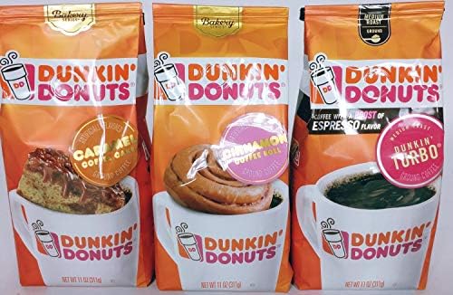Dunkin Donuts Coffee, Caramel Coffee Cake, Cinnamon Roll, Dunkin Turbo, Ground Variety Pack 3 11 oz Bags