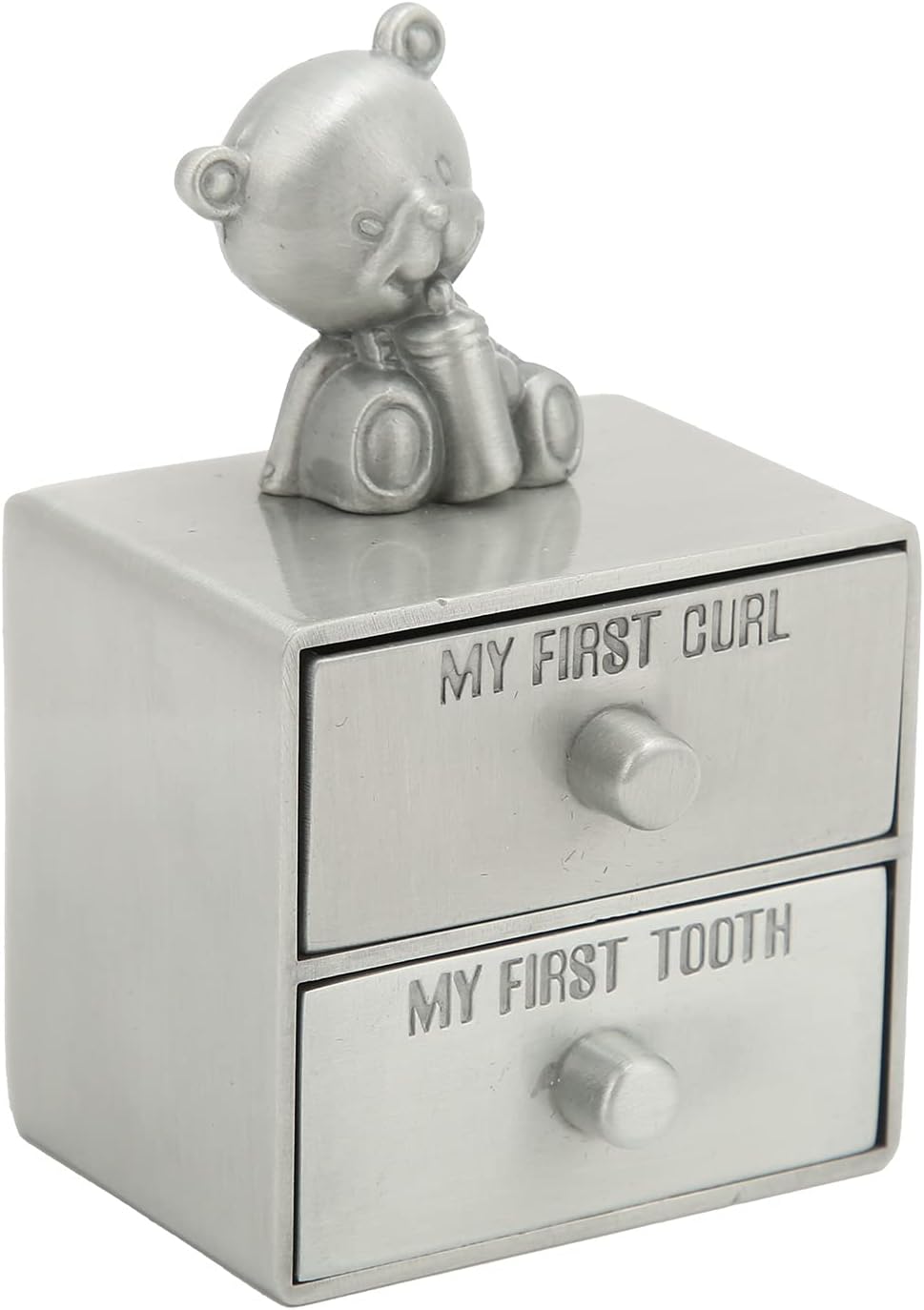 Cute Bear Shape Tooth Box, Baby Tooth Storage Case with 2 Drawers, Zinc Alloy Teeth Saver Box Lined with Blue Flannel for Children's First Tooth Memorial and Jewelry (Antique Tin Color)