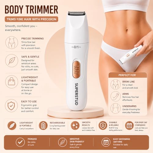 Image of SUPERSTUD 6-in-1 Women Trimmer | Face Hair Remover for Women | Bikini & Eyebrow Trimmer | Rechargeable Hair Removal Machine for Underarms, Nose, Arms, Legs & Intimate Areas | 120 Min Runtime | White