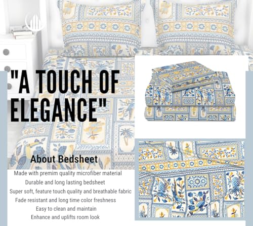 Image of VAS COLLECTIONS Premium 3D Printed 160 TC Microfiber Double Bedsheet with 2 King Size Pillow Covers (90X90 Inches) Tealish Blue and Yellow