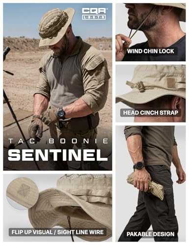 CQR Men\'s Tactical Boonie Hat, Breathable Packable Sun Hat for Hunting, Hiking, Fishing, Shooting, and Outdoor Activities, Sentinel Alamo Khaki, Small-Medium