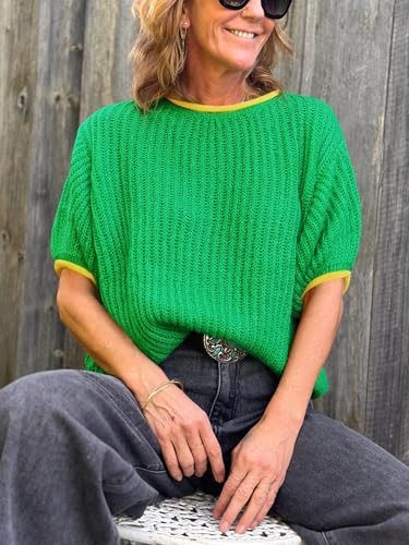 Image of Saodimallsu Womens Puff Short Sleeve Sweater Tops Spring Summer Color Block Ribbed Knit Crew Neck Going Out Shirts