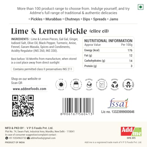 Add Me Lemon Pickle in Olive Oil 300g, Nimbu ka Achar in Olive Oil 300gm, Homemade Pickles Glass Pack
