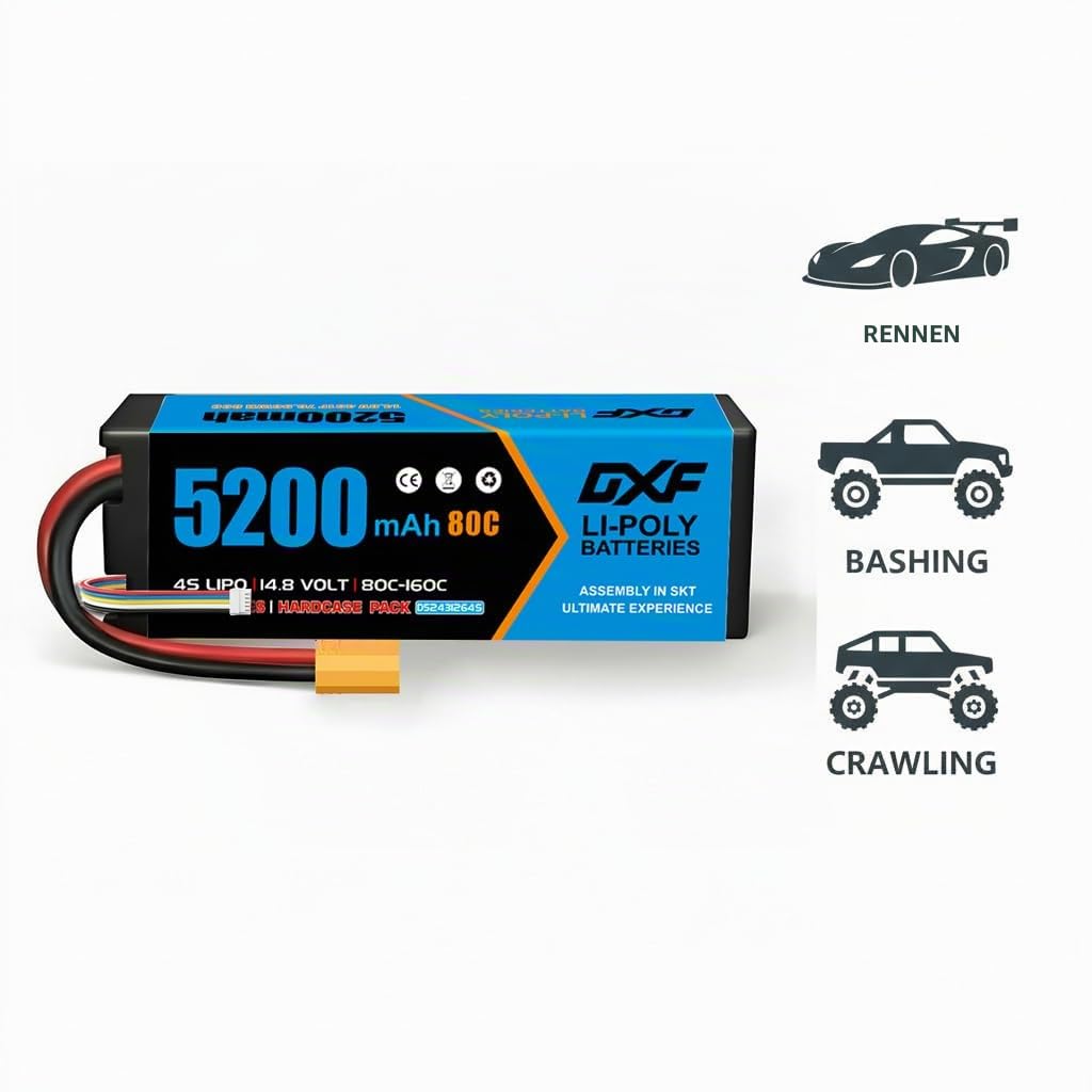 DXF 4S LiPo Akku 14.8V 5200mAh 80C mit XT90 Stecker Leistungsstarker 4S1P Battery Pack für 1:8 1:10 RC Auto Buggy Truck Modelle Racing Offroad Kompakt Leicht Langanhaltende Energie
