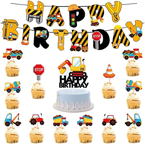 Xihuimay 14pcs Engineering Vehicle Theme Cake Topper Birthday Set Happy Birthday Banner Topper Handmade Cupcake Topper Machine Vehicle Theme Picks for Boys Girls Birthday Party Decoration