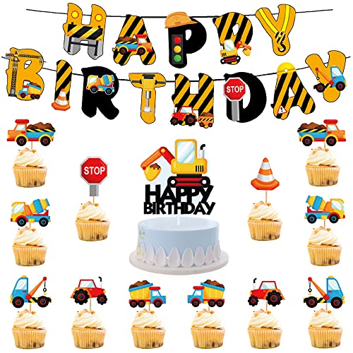 Xihuimay 14Pcs Engineering Vehicle Theme Cake Topper Birthday Set Happy Birthday Banner Topper Handmade Cupcake Topper Machine Vehicle Theme Picks For Boys Girls Birthday Party Decoration #TOP30