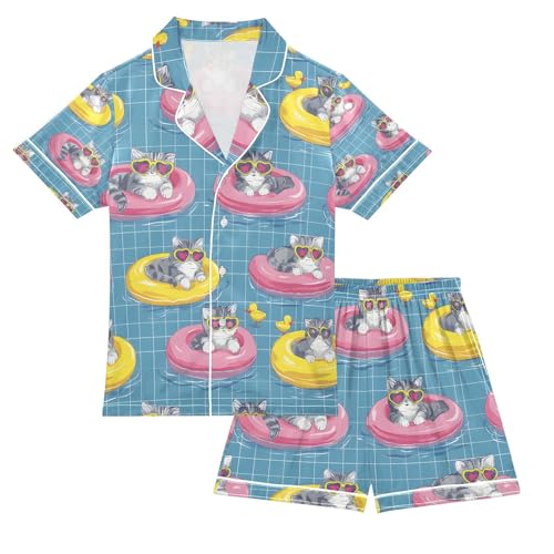 senya Cat Swimming Ring Satin Summer Pajama Sets Silk Short Sleeve Button Down Sleepwear