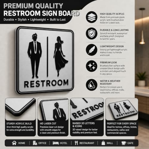 Image of Premium Brushed Silver Unisex Restroom Door Sign | Acrylic Toilet Washroom Sign with Self-Adhesive Tape | Modern Bathroom Signage for Office, Store, Cafe, Restaurant, Hotel & Commercial Spaces