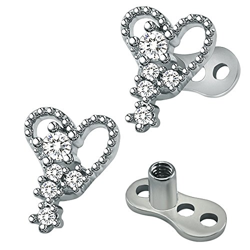 14g Cubic Zirconia Dermal Anchor Tops and Base Surgical Steel Microdermals Body Piercings (Heart)