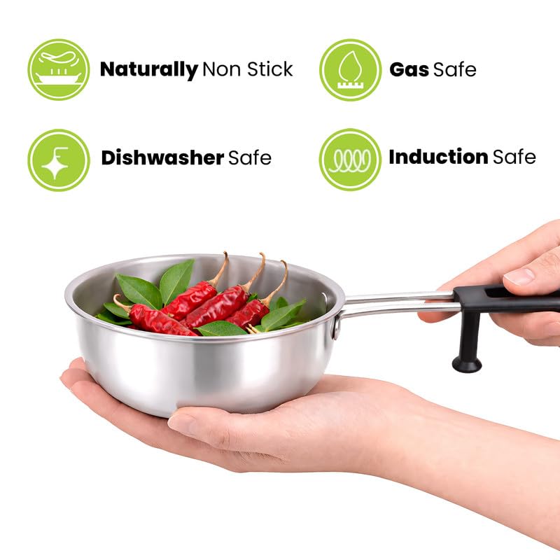 Image of Allo TriPly Stainless Steel 13cm Tadka Pan, 575ml, Naturally Non Stick Cookware for Dal, Spice Tempering Seasoning, Long Wire Handle, Induction Base and Gas Stove Ready for Kitchen