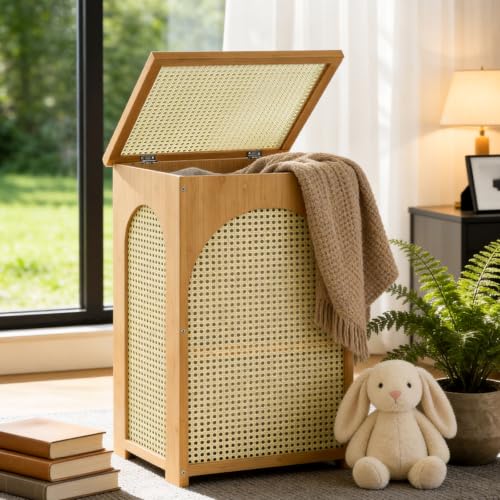 85L Bamboo Laundry Hamper with Lid, Wicker-Style Laundry Basket with Liner