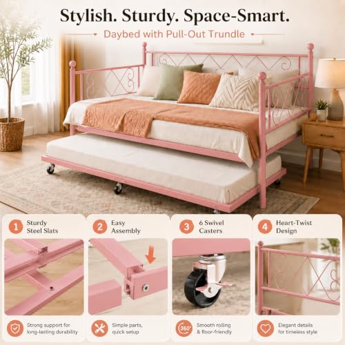 Image of Garvee Twin Trundle Bed,Space Saving Daybed,Metal Sofa Bed for Room