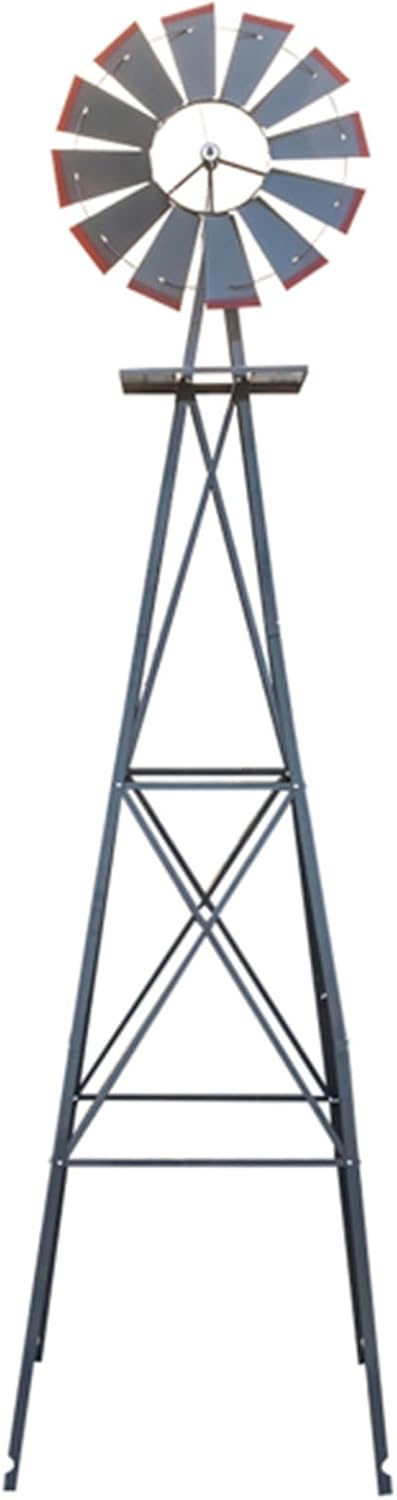 8ft Weather Resistant Patio Garden Windmill Four Legs Stand Rotatable Iron Grey and Red