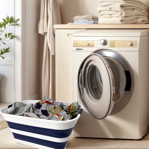 Image of SAMMART Collapsible Plastic Laundry Basket with Handle /Foldable Pop Up Storage Hamper /Portable Laundry Organizer-Space Saving Washing Tub /Household Storage (White /Starry Blue, 27L)