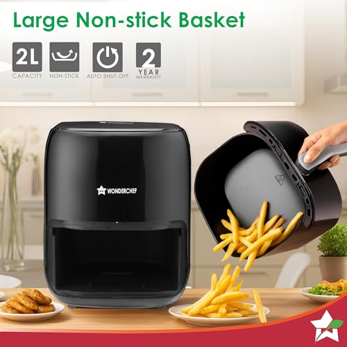 Image of Wonderchef Neo Digital Air Fryer | 1000W, 2 Litres | Rapid Air Technology | Non-stick Basket | Auto Shut-off | Touch Screen | Fry, Bake, Grill, Roast | Cool Touch Handle | 2-Year Warranty | Black