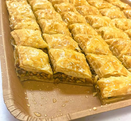 Muhanna Sweets Large Pistachio Baklava Pastry, Half Sheet, 48 Pieces