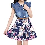 Merryway Girls Dresses Denim Floral Swing Skirt with Belt Girls Fashion Clothes