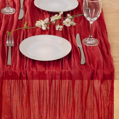 Image of MLMC 3 Pack Red Table Runner Boho Rustic Gauze Cheesecloth Table Runner Sheer Cheese Cloth Centerpiece Decor 35x120 Inches for Wedding Reception Annniversary Decor