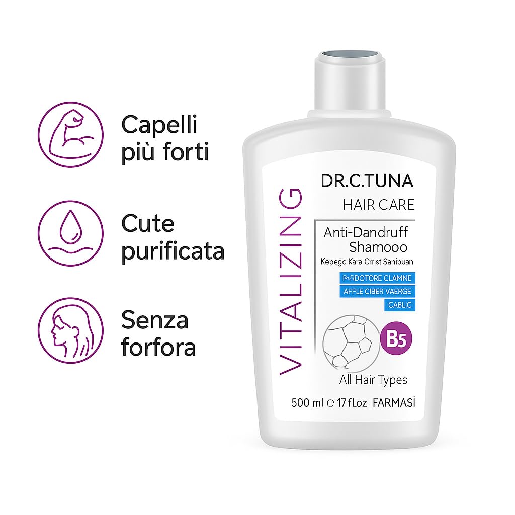 Farmasi Dr. C. Tuna Shampoo Antiforfora Vitalizing con Aglio e Aceto di Mele, Per Tutti i Tipi di Capelli, 2x500 ml