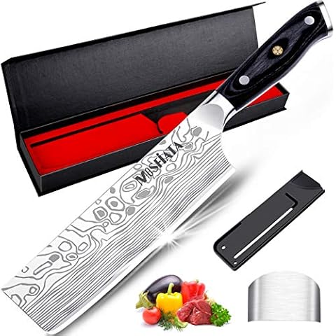 MOSFiATA 7” Nakiri Chef's Knife, Japanese Meat Cleaver Kitchen Knife, Vegetable Cooking Knives, German High Carbon Stainless Steel with Ergonomic Handle, Finger Blade Guard in Box Gifts for Women Men Cover