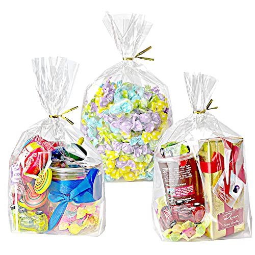 PigPotParty 8"x 11",100Pcs Flat Bottom Gusset Bags, Clear Cello Cellophane Plastic Treat Goodie Bags with 100x Twist Ties, Party Favor Packaging, Return Gift Mug Toy Wrapping (No Side Gusset)
