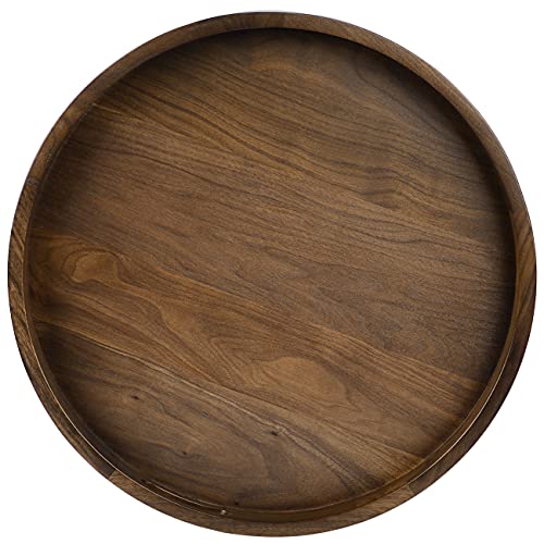 KINGCRAFT 24 x 24 Inches Black Walnut Large Ottoman Tray Round Table Tray Wooden Solid Circle Serving Tray with Handles Platter Decorative Tray for Oversized Ottoman Home Breakfast in Bed Tea Coffee