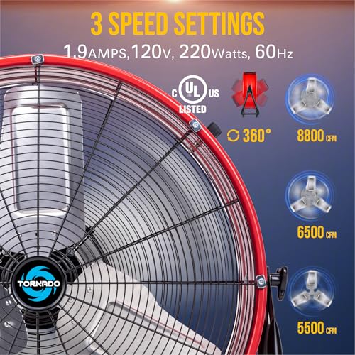 Image of Tornado 24 Inch High Velocity Drum Fan, 8800 CFM Heavy Duty Industrial Floor Fan, 3-Speed Tilt Adjustable Metal Blades, Wide Airflow, 8 FT Cord, UL Listed for Commercial Use