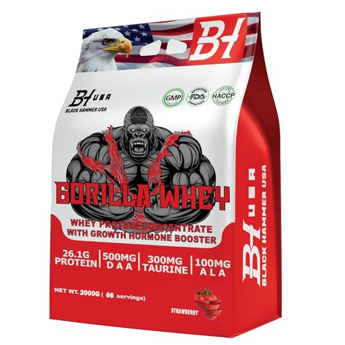 GORILLA Whey Protein - 5KG / 2KG - Black Hammer USA - High-Quality Protein Powder for Muscle Growth & Recovery (2000g, Erdbeere)