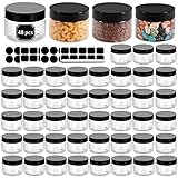 48 Pack 120ml 4 oz Empty Clear Plastic Jars with Black Lids, Refillable Round Containers for Slime,Beauty Products, powder, Cream, Scrubs, Cookie,Dried Fruit. Include 1 Pen and 120 Labels.