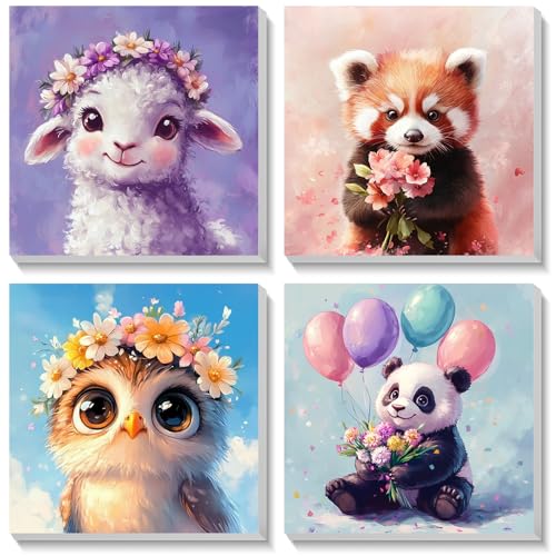 Bowetile 4 Pack Animal Pintar por Numeros Niños Principiantes con Marco, Kit DIY Cartoon Cuadros para Pintar por Numeros, Pintura Acrilica Manualidades Niña, Regalo 4-8-12+ Años 20X20cm