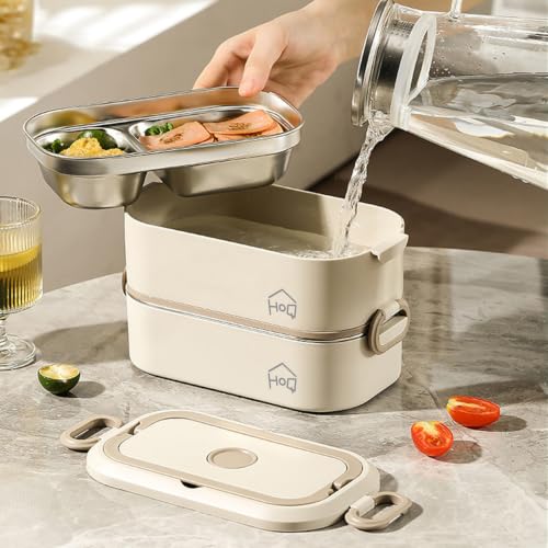 Image of House of Quirk 304 Stainless Steel Bento Lunch Box for Adults - 2 Stackable Leakproof Containers with Insulated Thermal Carry Case, Spoon & Fork Included, Microwave Safe Portable Tiffin Box (Beige)