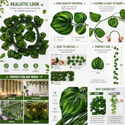 Image of Artificial Hanging Vine Garland 2.4m (Pack of 12) | Realistic Watermelon Leaf Creeper for Home, Balcony, Wall Decor, Wedding Decoration, Event Backdrop & Party Decoration