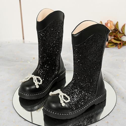 Girls Glitter Mid-Calf Boots Pearl Bow knot PU Leather Waterproof Combat Shoes Fashion Sparkle Boot With Back Zipper2