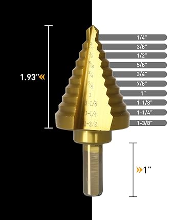 COMOWARE 10-Size Step Drill Bit for Metal, 1/4 to 1-3/8 Titanium HSS Unibit. Double Flute Design for Precise Holes in Steel, Aluminum, Plastic & Wood. Tri-Flatted Shank for Secure Grip in Drills.