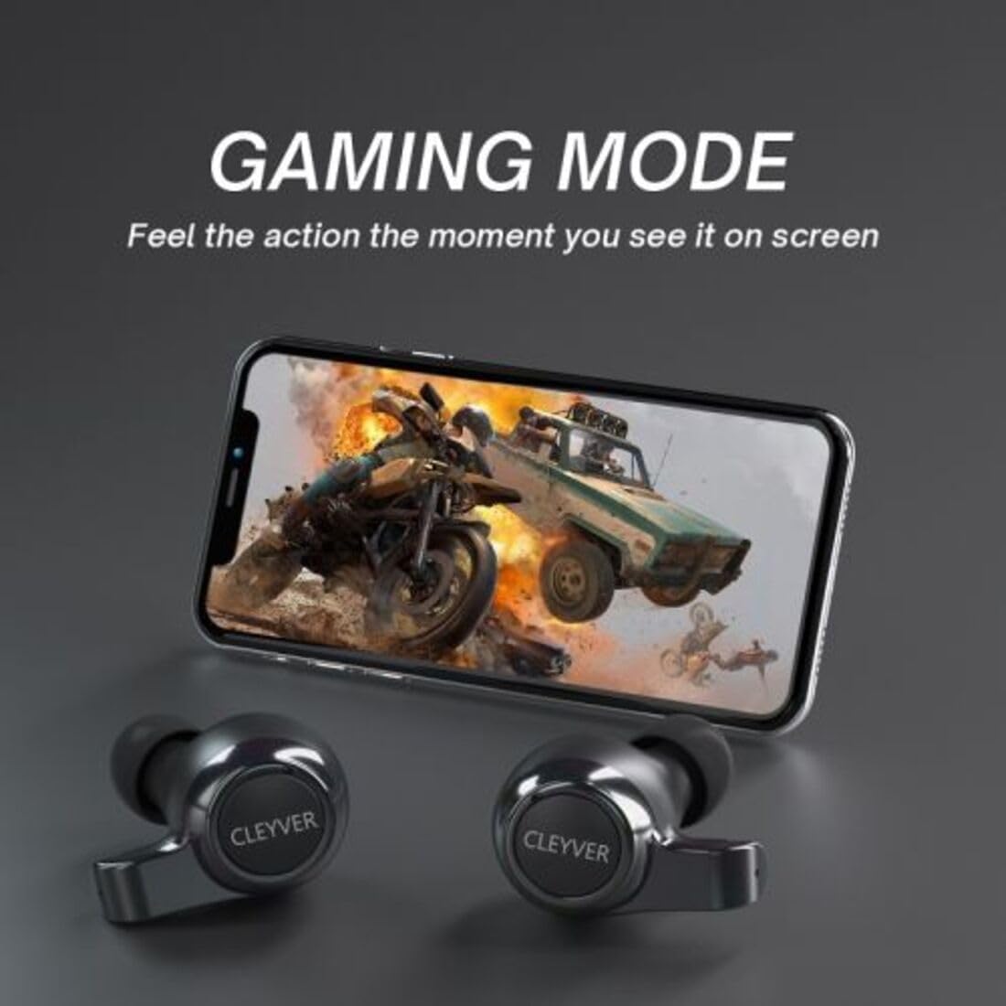 CLEYVER Earbuds Pro next to a smartphone displaying a racing game, with 'Gaming Mode' text