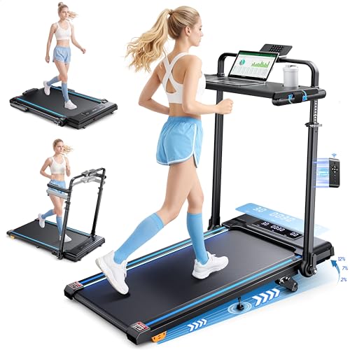 6-IN-1 Laufband für Zuhause Klappbar mit Abnehmbarem Tisch 3.0HP Laufbander mit Steigung bis 12% 12KM/H Walking Pad Klappbar mit 15cm Teleskop-Riser&RGB-Lichter Laufband für Zuhause 150KG