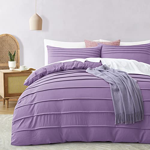 Oli Anderson White Duvet Cover Queen Size - Pleated Queen Duvet Cover, 3PCS Soft and Breathable Textured Bedding Set with Zipper Closure(White,90"x90")