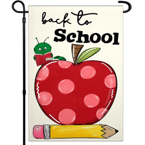 Welcome Back to School Garden Flag 12x18 Inch 3ply Double Sided Love Heart Apple School First Day Garden Flags for Outside House Indoor Yard Outdoor Garden Decor