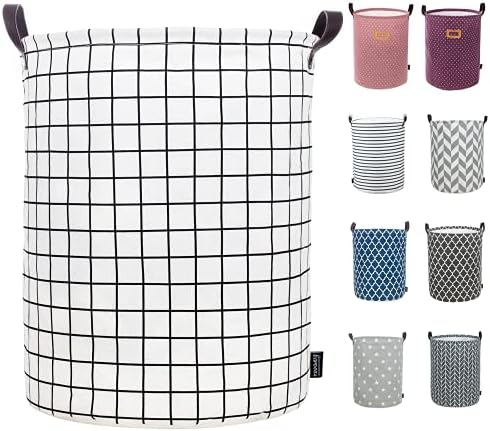 Caroeas 18.0-Inches Thicken Laundry Basket, Waterproof Large Laundry Basket Drawstring Closure, Collapsible Laundry Basket Soft Leather Handles, Laundry Hamper Easy Storage (White Plaid)