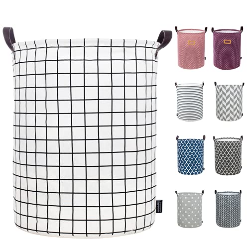 Caroeas 18.0-Inches Thicken Laundry Basket, Waterproof Large Laundry Basket Drawstring Closure, Collapsible Laundry Basket Soft Leather Handles, Laundry Hamper Easy Storage (White Plaid) #TOP5