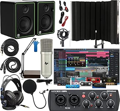 PreSonus AudioBox 96 Audio Interface Full Studio Bundle Includes Software Kit, CR3-X Pair Monitors, and Adjustable Suspension Boom Arm, Insolation Shield + HD7 Headphones